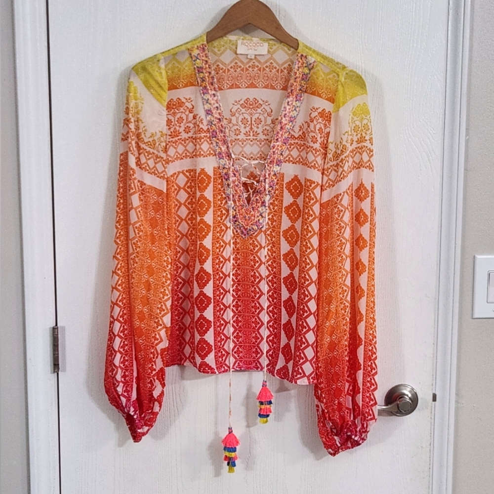 Rococo Sand Vibrant Multi-Colored‎ Print Bohemian Blouse